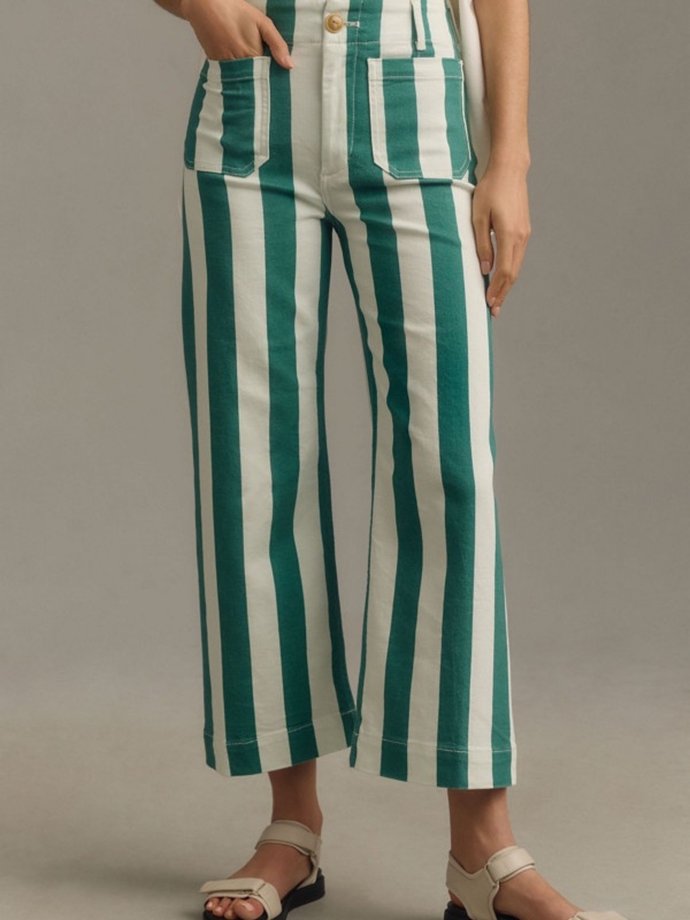 Maeve  The Colette Denim Cropped Wide-Leg Jeans Sz 27 Striped  Green White